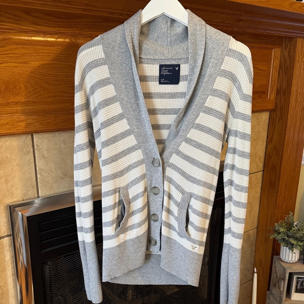 American Eagle Outfitters Gray and Cream Striped Cardigan